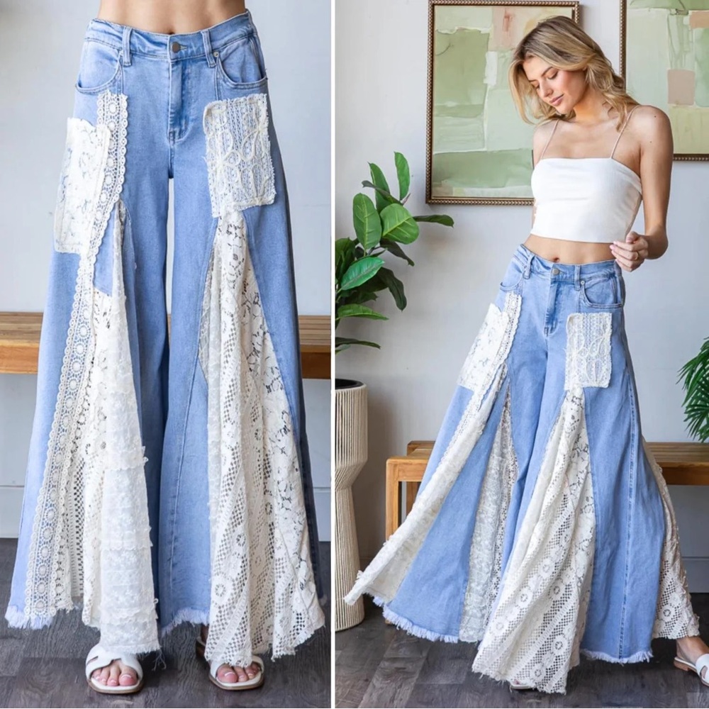 NWOT Oli & Hali Blue and White Lace Flare Jeans - Picture 4 of 9